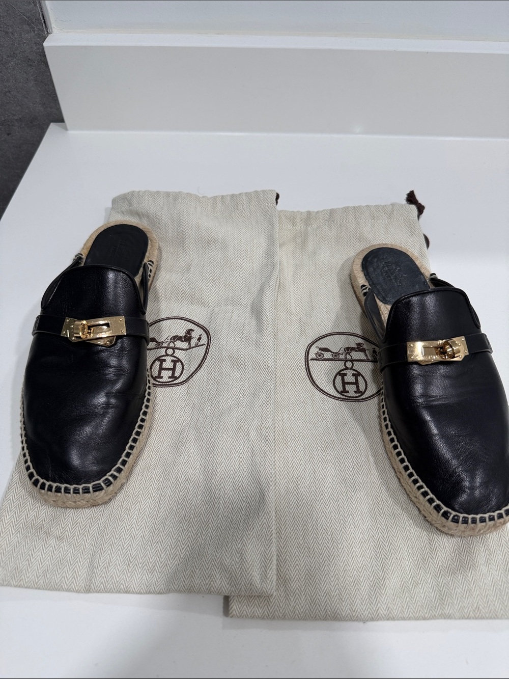Hermes Black Leather Espadrille Mule with Gold Buckle